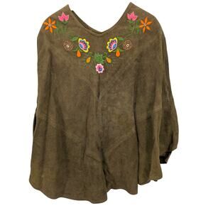 VTG 70s Embroidered Suede Leather Cape Hippie Boho Poncho Woodstock Festival